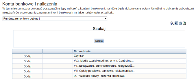 Widok kont bankowych i naliczen Konta bankowe i naliczenia
